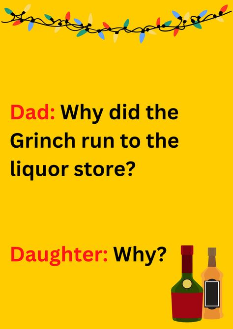 Dad joke about Grinch running to the liquor store, on a yellow background. The image has text and emoticons. Grinch Jokes Hilarious, New Years Dad Jokes, Corny Christmas Jokes, Holiday Dad Jokes, Christmas Dad Jokes Hilarious, Holiday Jokes Hilarious Funny, Dirty Joke Of The Day, Funny Christmas Jokes For Adults, Grinch Jokes