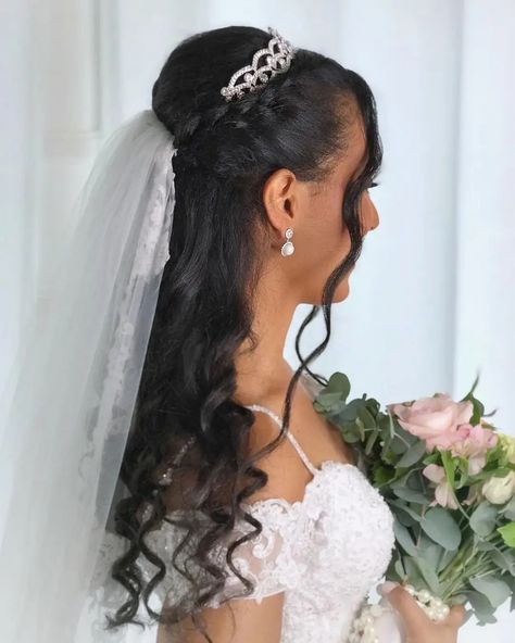 Tiara And Veil Wedding Hair Black Women, Tiara And Veil Wedding Hair, Wedding Hair Black Women, Wedding Hair Black, Tiara And Veil, Veil Wedding Hair, Hair Black Women, Wedding Hairstyles With Veil, Veil Wedding