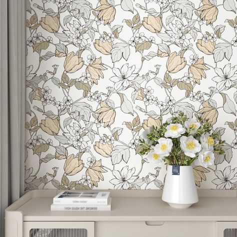 PRICES MAY VARY. 【Magnolia Wallpaper】Size: 17.5"x102",Vintage floral wallpaper can cover 12.4 square feet.Made of vinyl wallpaper has strong coverage, can be used in smooth, dry, and clean surfaces. 【Floral Peel and Stick Wallpaper】Features: Retro floral wallpaper stick and peel, waterproof, oil-proof, easy to clean with damp cloth, tear-resistant, repositionable, removable, no adhesive left behind, renter friendly wallpaper. 【Boho Wallpaper】Easy to Install: The botanical wallpaper has grid tick Modern Farmhouse Wallpaper Entryway, Wallpaper Backgrounds Laundry Room, Ceiling Peel And Stick Wallpaper, Farmhouse Living Room Wallpaper, Bold Bedroom Wallpaper, Affordable Peel And Stick Wallpaper, Wallpaper In Bathrooms, Wallpaper Staircase Wall, Wallpaper Feature Wall Bedroom