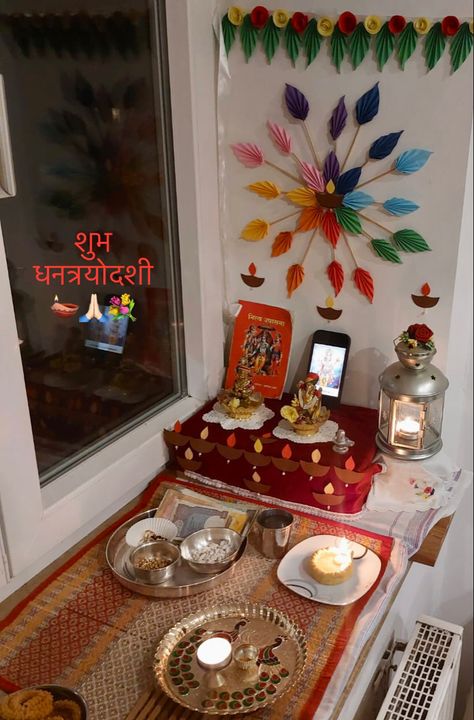 Simple Dhanteras and dhanwantari pooja #austria Dhanteras Decorations At Home, Dhanteras Pooja At Home, Dhanteras Pooja Decoration At Home, Dhanteras Aesthetic, Dhanteras Decoration, Dhanteras Pooja, Pinterest Room, Diwali Decorations At Home, Simple Decoration