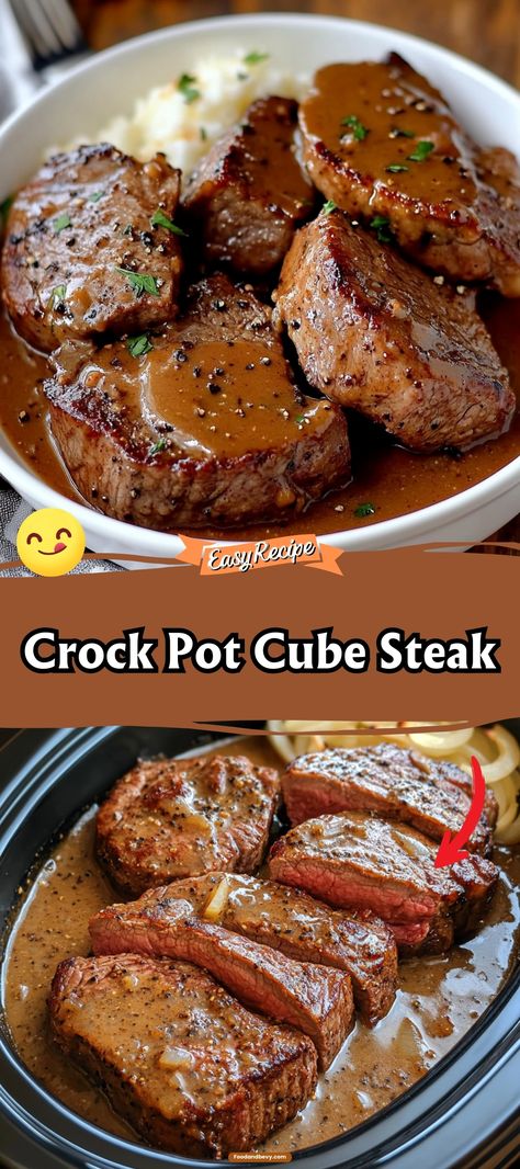 Experience the tenderness of Crock Pot Cube Steak, where cube steaks become exceptionally tender and flavorful through slow cooking. This dish involves simmering the steaks in a rich gravy with onions and mushrooms, creating a comforting meal that’s perfect for chilly evenings. Serve it over mashed potatoes or with your favorite side of vegetables for a complete, hearty dinner. #CrockPotDinner #CubeSteak #ComfortFood Crock Pot Cube Steak Recipe, Crock Pot Cubed Steak Recipes, Crock Pot Cube Steak, Cube Steak Recipe, Cube Steaks, Crockpot Cube Steak, Over Mashed Potatoes, Cube Steak Recipes, Hearty Lunch