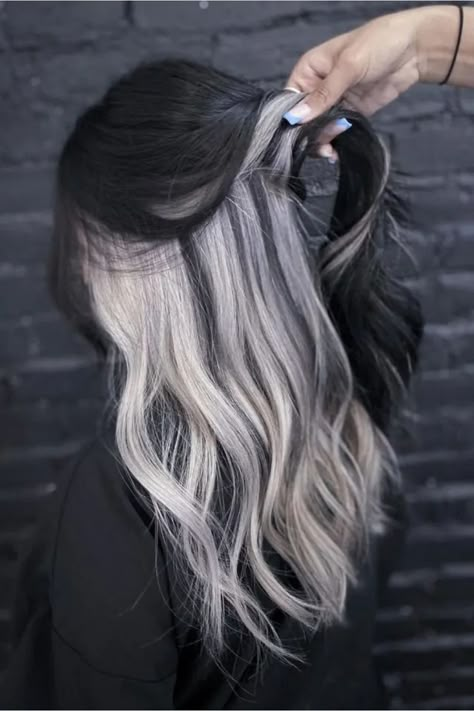 Black Hair With Platinum Gray Underdye Gray Underneath Hair, White Balayage, Blonde Underneath Hair, Underdye Hair, White Ombre Hair, Black And Silver Hair, Blonde Underneath, Two Color Hair, Black And Grey Hair