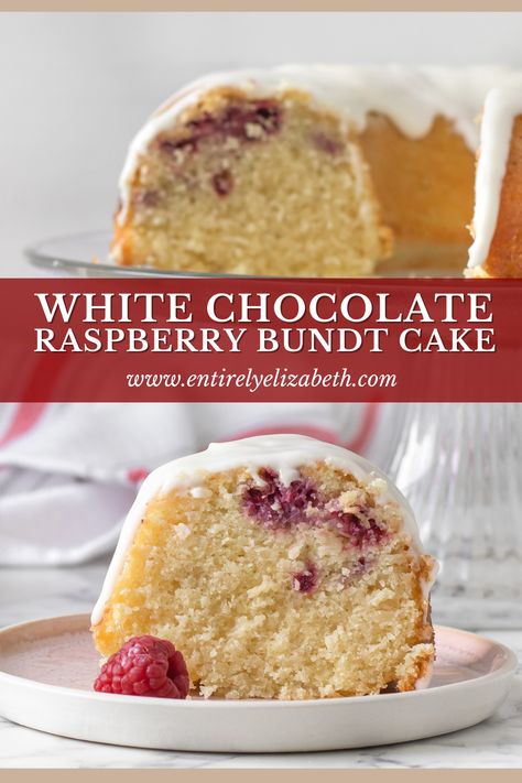 This White Chocolate Raspberry Bundt Cake is simple to make and easily one of my favorites! It has a soft and tender crumb, with pops of raspberry, and an unvelievably smooth cream glaze! Best part, this recipe can be baked in different pans making it easy for everyone to enjoy! White Chocolate Pound Cake Recipe, White Chocolate Bundt Cake, White Chocolate Raspberry Bundt Cake, Chocolate Raspberry Bundt Cake, Raspberry Bundt Cake, White Chocolate Raspberry Cake, Bakery Goods, Raspberry White Chocolate, Orange Chocolate Cake