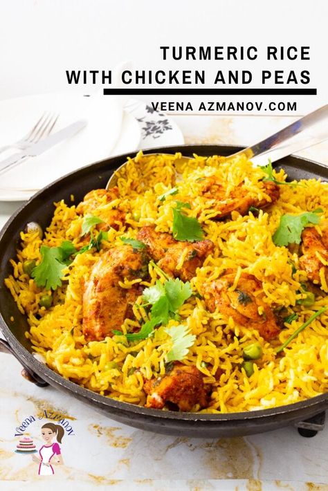 Turmeric Rice Recipe, Chicken And Peas, Vegetable Rice Pilaf, Turmeric Rice, Rice With Chicken, Baking Decorating, Rice Side Dishes, Pan Meals, Healthy Foodie