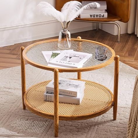 Amazon.com: VINGLI 25.6" Rattan Coffee Table, Round Water-Wave Glass Metal Center Table, Modern Coffee Table with 2-Tier Storage, Farmhouse Circular Coffee Table for Living Room and Small Space, Natural Vibe : Home & Kitchen Metal Center Table, Circular Coffee Table, Coffee Table Round, Rattan Coffee Table, Oval Coffee Tables, Table Round, Glass Top Coffee Table, Table Modern, Rattan Furniture