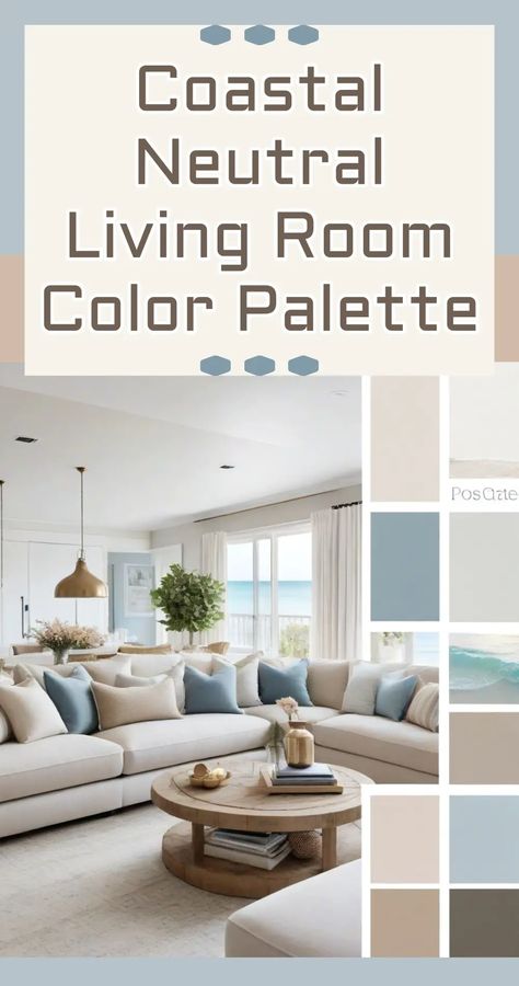 Coastal Neutral Living Room Color Palette Ideas - Chic Decor For Cozy Pops Of Beachy Colors In Your Neutral Living Room. See coastal color palettes and accent color schemes to match from boho and modern farmhouse living rooms to cozy casual contemporary decor or small minimal rustic, you will love all these beach-themed coastal living rooms ideas for your home family room, apartment, condo rental, AirB&B or beach house. Beachy Modern Living Room, Coastal Neutral Living Room, Calming Living Room Ideas, Coastal Farmhouse Living Room Ideas, Modern Beach House Living Room, Beachy Interior Design, Modern Coastal Living Room Ideas, Coastal Living Rooms Ideas, Cozy Coastal Living Room