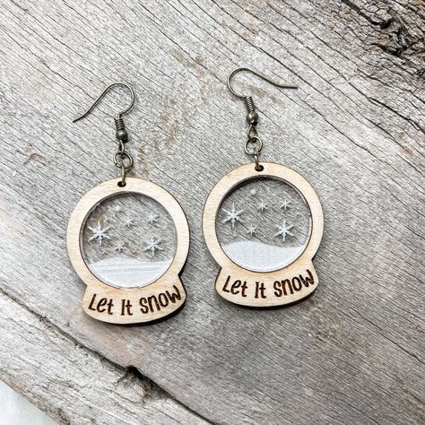 Holiday Snowman Snow Globe | Snow globe Earrings | Winter Earrings | Snowflake Jewelry | Snow Earrings | Winter Jewelry - Embellish My Heart Laser Engraving Ideas Projects Acrylic, Laser Engraver Projects Christmas, Laser Keychain Ideas, Laser Acrylic Ideas, Laser Cut Christmas Ideas, Earrings Wood, Laser Jewelry, Christmas Wooden Earrings, Winter Laser Projects