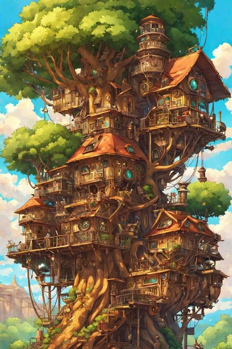 steampunk styled treehouse on top of a huge tree Huge Treehouse, Huge Minecraft Builds, Treehouse Aesthetic, Fantasy Place, Huge Tree, Steampunk Illustration, Steampunk Characters, World Building, Tower House