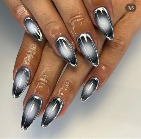 Black And Gray Aura Nails, Gray Aura Nails, Silver Aura Nails, Gray And Silver Nails, Graphic Nail Designs, Black Aura Nails, Gray Nail Designs, Silver Nail Designs, Aura Nails