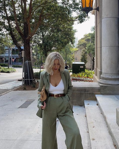 Laura Jade Stone’s Instagram profile post: “Green suit 💚 look by the New @amaliebyshowpo @showpo” Green Trousers Outfit, Green Suit Women, Green Blazer Outfit, Mint Green Pants, Blazer Dress Outfits, Green Dress Outfit, Laura Jade Stone, Green Pants Outfit, Olive Clothing