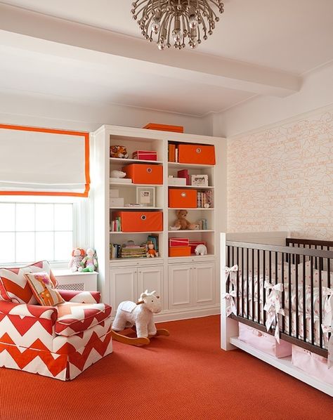 Orange nursery Nursery | gender neutral | baby girl | baby boy | colors | gray | yellow | pink | modern | room | floral | twin | kid | first born | bedroom | white | wallpaper | diy | vintage | art | blue | day | night | sleep | homie | furniture | toys | happy | comfy | comfortable | crib | canopy | portable | tattle Pink Baby Room, Orange Nursery, Baby Nursery Design, Orange Decor, Nate Berkus, White Nursery, Room Deco, Baby's Room, Nursery Inspiration