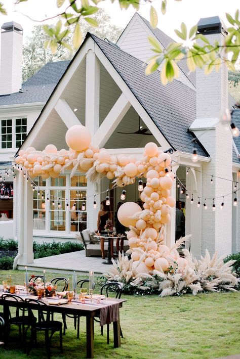 Backyard Dinner Party with Balloon Installation | Simply Charming Socials | Atlanta Event Planner | Intimate backyard 30th birthday dinner party with jewel-tones, calligraphy details, tapered candles, and long estate tables Backyard Dinner Party Aesthetic, Classy Graduation Party, Grad Party Aesthetic, 30th Birthday Dinner Party, Aesthetic Graduation Party, 30th Birthday Dinner, Senior Party, Party Pic, Backyard Dinner Party