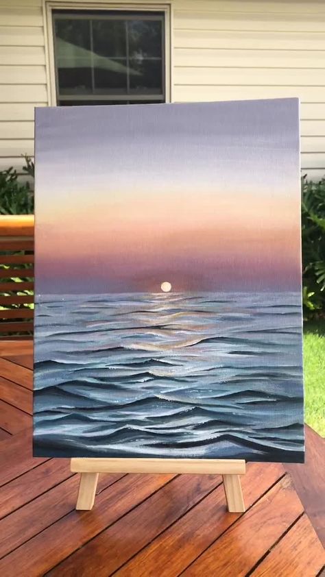 Sunset In Ocean Painting, Sunset On Water Painting Acrylic, Beach Water Painting, Water Sunset Painting, Sunset And Ocean Painting, Sea Water Painting, Small Beach Paintings, Ocean Easy Painting, Painting Ideas On Canvas Water