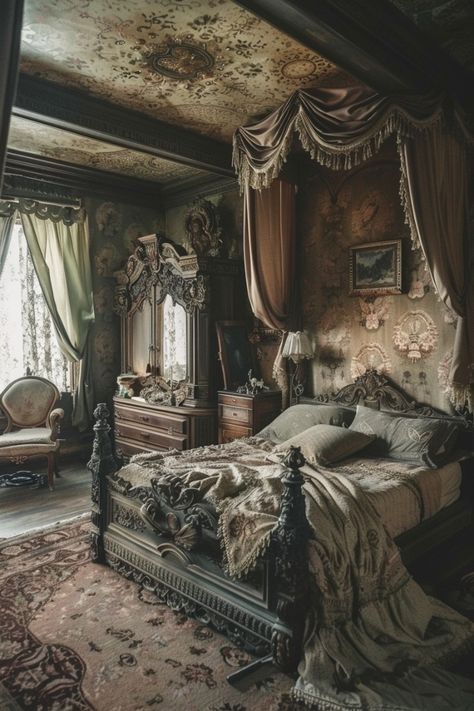 Vintage Bedroom Ideas Victorian, Light And Bright Bedroom, Dark Bedrooms, Vintage Bedroom Styles, Academia Bedroom, Moody Style, Bright Bedroom, Story Settings, Victorian Bed