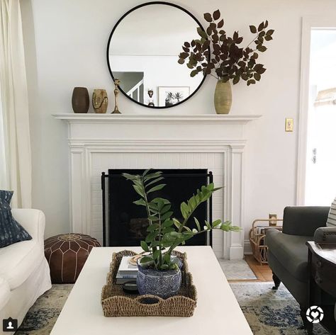 black circle mirror, mantle decor Lounge Styling, Mirror Over Fireplace, Mirror Above Fireplace, Monochrome Interiors, Fireplace Inspiration, Cottage Fireplace, Mantle Ideas, Fireplace Mantles, Fireplace Mantle Decor