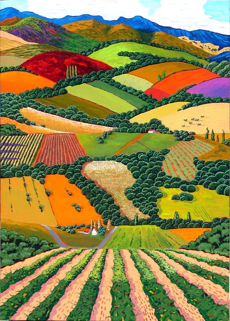 Summer View by Gene Brown Acrylic on canvas Arte Folk, Landscape Quilts, Southwest Art, Art Et Illustration, Naive Art, Buffalo Ny, Rolling Hills, Alam Yang Indah, College Art