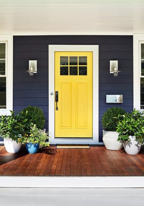 Blue House Door Color Ideas, Bold Front Door Colors, House Doors Colors, Painting Your Front Door, Bold Front Door, Yellow Front Door, Purple Front Doors, Orange Front Doors, Yellow Front Doors