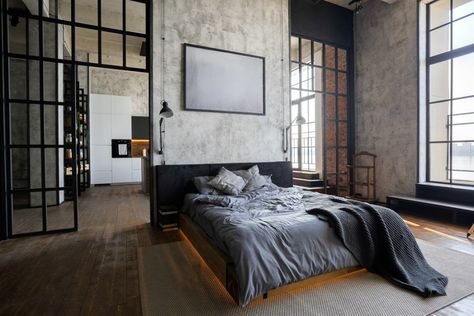 Men's Home Interior Design - Men's Bachelor Pads - Next Luxury Luxury Studio Apartments, Industrial Style Bedroom, Design Ložnic, Bedroom Inspirations Minimalist, Bedroom Stuff, Loft Stil, Industrial Bedroom, Clean Bedroom, Bedroom Space