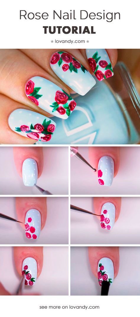 Rose Nails Design, Rose Nail Art Tutorial, Rose Nails Tutorial, Red Rose Nail Art, Nail Art Flowers Designs, Roses Nail Art, Rose Nail Design, Scarlet Color, Make Step By Step