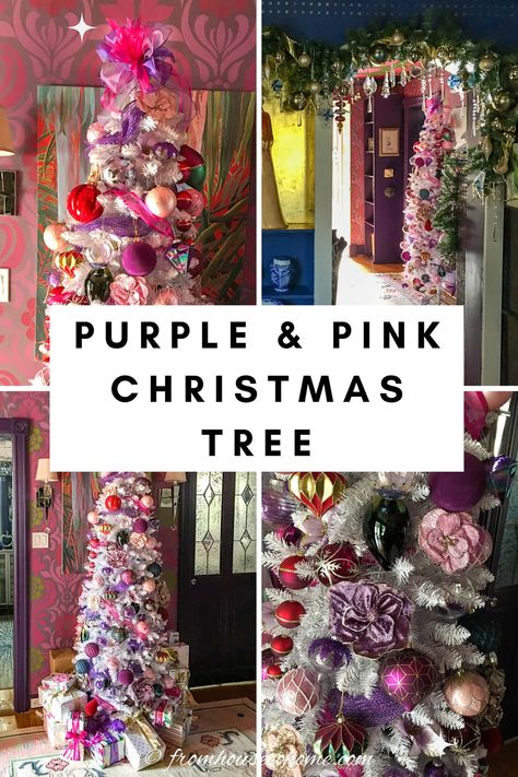 Festive pink and purple Christmas tree. Pink And Purple Christmas Tree Ideas, Fuschia Christmas Tree, Purple And Pink Christmas Tree, Pink And Purple Christmas Decor, Pink And Purple Christmas Tree, Christmas Pictures With Lights, Purple Christmas Tree Decorations, Purple Christmas Decorations, Floral Christmas Tree