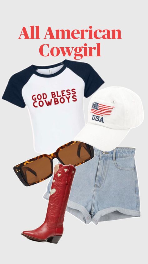 God bless cowboys tee, denim shorts, red cowgirl boots, tortoise sunglasses, USA hat Zach Bryan Concert Outfit, Outfit Country Concert, Zach Bryan Concert, Red Cowgirl Boots, Rodeo Outfit, Outfit Country, Nashville Outfit, 4th Of July Outfit, Country Style Outfits