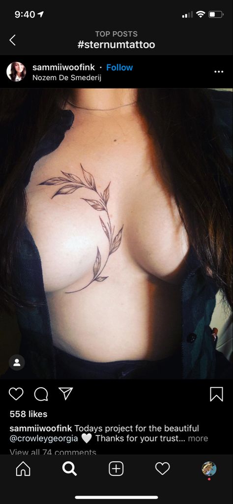 Foliage Chest Tattoo Female, Vine Tattoos For Women Chest, Sternum Leaf Tattoo, Botanical Sternum Tattoo, Vine Chest Tattoo, Leaf Sternum Tattoo, Peyton Tattoo, Nature Sternum Tattoo, Vine Sternum Tattoo