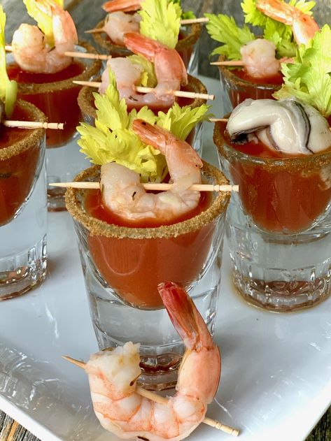 Bloody Mary Shooters with Shrimp or Oysters - The Art of Food and Wine Shooter Appetizers, Oyster Shooter Recipe, Oyster Roast Party, Shot Glass Appetizers, Brunch Charcuterie, Oyster Shooter, Individual Appetizers, Oyster Roast, Snack Board