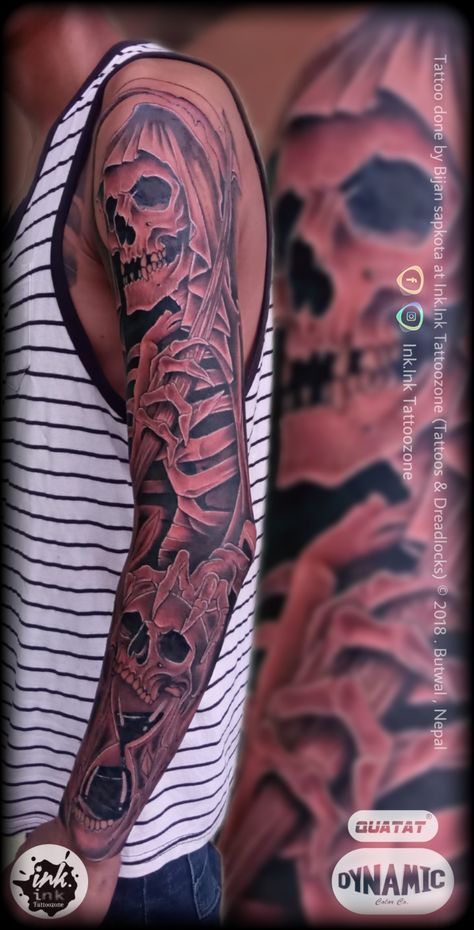 Full hand sleeve skull tattoo designs Sleeve Skull Tattoo, Skull Tattoo Designs, Full Hand Tattoo, Skull Tattoo Design, Hand Tattoo, Full Sleeve, Polynesian Tattoo, Hand Tattoos, Skull Tattoo