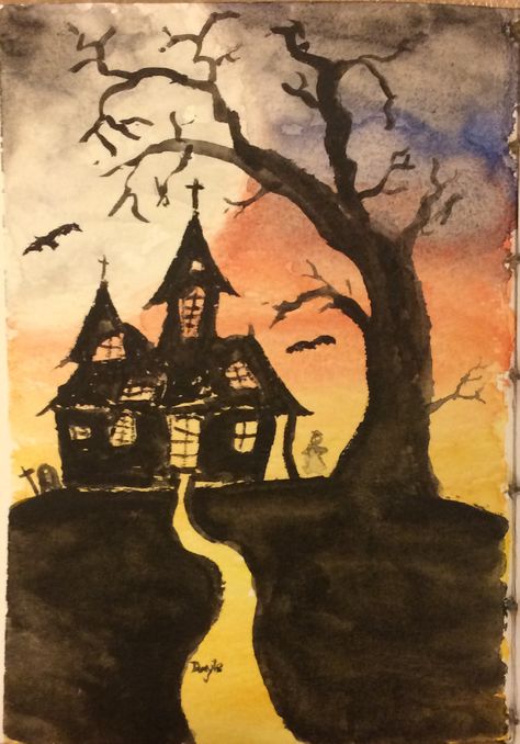 Haunted House Watercolor Painting, Watercolor Haunted House, Haunted House Doodle, Haunted House Watercolor, Scouts Activities, Haunted House Drawing, David Whyte, Simple House Drawing, House Drawing For Kids