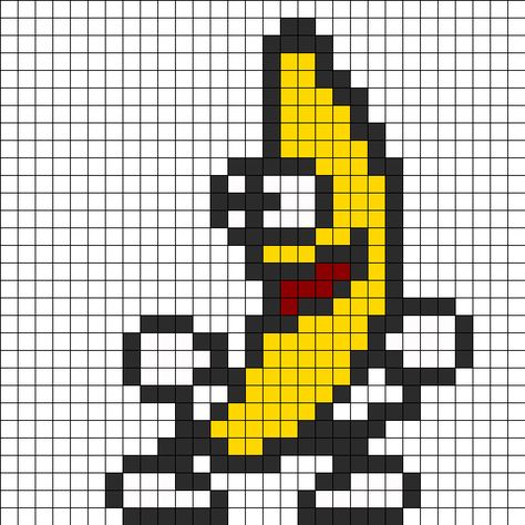 Banana Peanut Jelly Perler Bead Pattern | Bead Sprites | Characters Fuse Bead Patterns Perler Beads Cartoon Characters, Perler Bead Patterns Characters, Mf Doom Perler Beads, Perler Bead Banana, Pixel Art Cartoon Characters, Anime Perler Bead Patterns, Tiny Pixel Art, Hama Beads Pattern, Grille Pixel Art