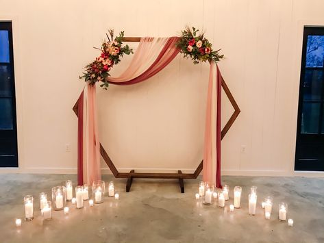 Hexagon Wedding Arch Decoration Ideas, Hexagon Alter Wedding, Hexagon Decor Wedding, Hexagon Draping Wedding, Hexagon Wedding Backdrop, Arch Decoration Ideas, Hexagon Birthday Decor, How To Decorate A Hexagon Wedding Arch, Hexagon Arch Decor