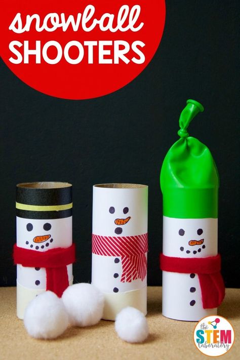 These oh so cute snowball shooters are a snap to make and are a hilariously fun way to explore some key concepts in physics with preschool, kindergarten and first grade kids! Can winter STEM get any better than? #winterSTEM #holidaySTEM #thestemlaboratory Christmas Crafts For First Grade Student, Stem First Grade Activities, January Stem Activities For Kids, First Grade Winter Crafts, December Stem Activities For Kids, First Grade Christmas Activities, Christmas Craft First Grade, Snowball Shooters, First Grade Christmas Crafts