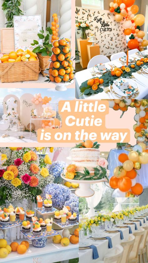 A little cutie is in the way | Orange citrus baby shower theme Citrus Baby Shower Theme, Cutie Orange, Citrus Baby, Baby Announcement Pictures, Orange Baby Shower, Baby Shower Theme Decorations, Sprinkle Party, Twin Shower, Orange Party