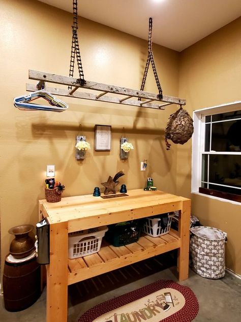 Laundry Table, Laundry Room Drying Rack, Laundry Hanger, Old Ladder, Basement Makeover, Small Laundry, Laundry Mud Room, The Chain, My Father