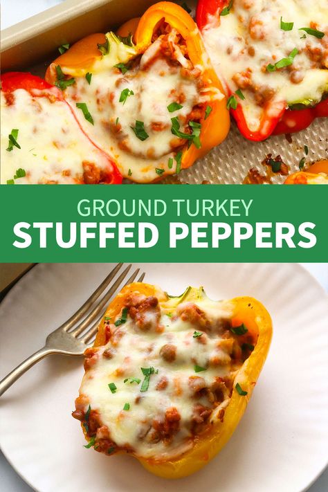 Ground Turkey Stuffed Peppers Ground Turkey Lasagna, Turkey Stuffed Peppers, Classic Stuffing Recipe, Classic Stuffing, Lasagna Stuffed Peppers, Ground Turkey Stuffed Peppers, Main Entree Recipes, Turkey Lasagna, Keto Stuffed Peppers