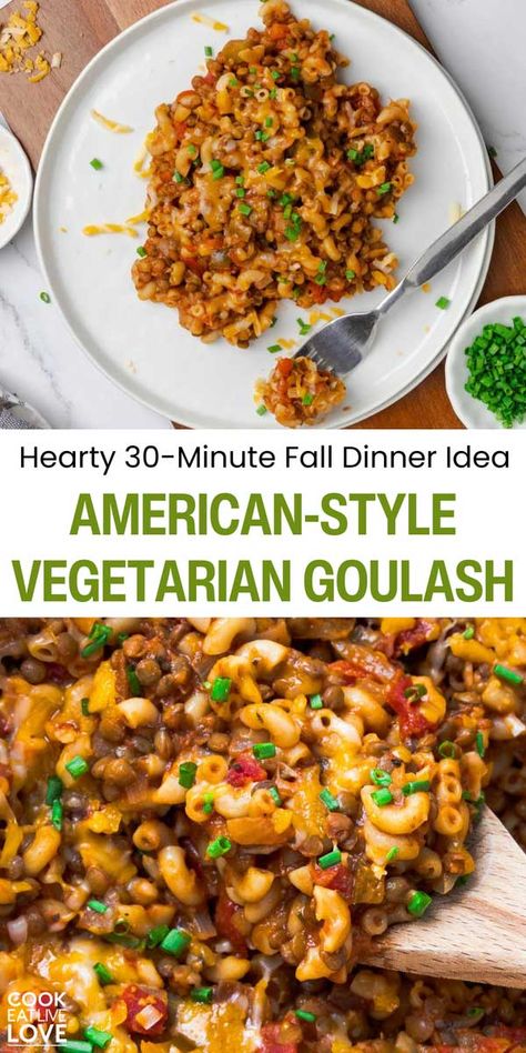 Warm up with this delicious Vegetarian Goulash, the ultimate easy fall dinner idea! Ready in just 30 minutes, this hearty dish is a great way to enjoy a comforting, flavorful meal without spending hours in the kitchen. Elbow macaroni and a plant-based protein cook in a zesty tomato sauce that’s packed with so much flavor! Whether you’re cooking for the family or just for yourself, this goulash is sure to become a fall favorite! #falldinneridea #comfortfood #easyvegetariandinnerrecipes Vegetarian Goulash Recipes, Vegan Goulash Recipes, Vegetarian Goulash, Vegan Goulash, Pickled Beet Salad, Easy Fall Dinner, Easy Fall Dinners, Autumn Recipes Vegetarian, Cozy Fall Recipes