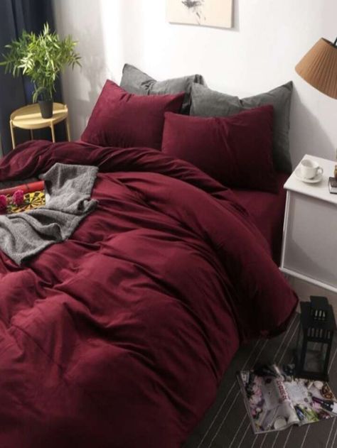 3pcs Wine Red Duvet Cover Set Made Of Soft Microfiber Material With 4 Corner Ties And Zipper Closure, Including 2 Pillowcases And 1 Comforter Cover | SHEIN USA Burgundy Bed Sheets, Dark Red Bedding, Maroon Comforter, Burgundy Bed, Maroon Bedding, Homemade Bed Frame, Red Bedroom Ideas, Burgundy Bedding, Red Bedding Sets