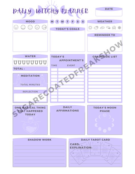 Not only does this digital planner have all your dailly needs, it's got some magical spots as well! Don't forget your daily witchy things! Meditation, moon phases, daily tarot pull and more! Just what you need for the witch on the go! <3 Witchy Daily Planner, Lunar Living, Witchy Journal, Witchy Planner, Journal Things, Daily Checklist, Daily Tarot, Todo List, Witchy Things