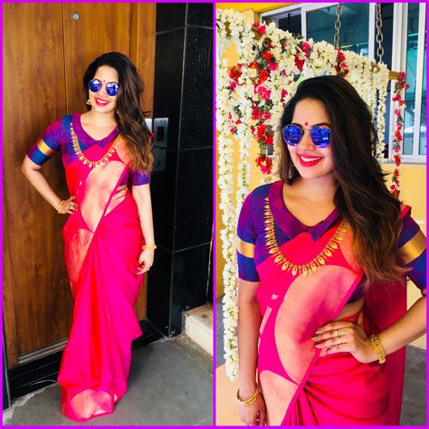 Saree swag Actress devika madhavan in a hot pink saree Hot Pink Saree Contrast Blouse, Dark Pink Saree Contrast Blouse, Pink Saree Contrast Blouse, Dark Pink Saree, Hot Pink Saree, Function Saree, Saree Contrast Blouse, Prayaga Martin, Minimal Jewellery