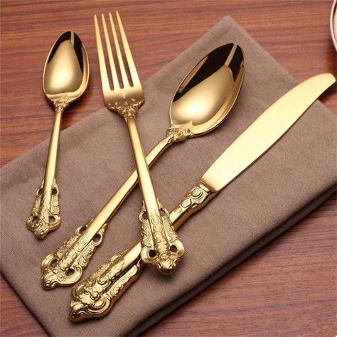 Photograph Tattoo, Spoon Mirror, Gold Cutlery Set, Cutlery Set Stainless Steel, Golden Tea, Modern Flatware, Gold Cutlery, Gold Flatware, Stainless Steel Cutlery