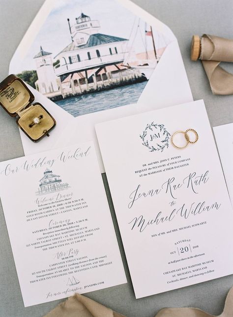 Jenna and Michael's Chesapeake Bay Wedding Chesapeake Bay Wedding, Muskoka Wedding, Watercolor Invitation, Non Traditional Wedding, Keys Wedding, Strong Marriage, Bay Wedding, Museum Wedding, Lake Geneva