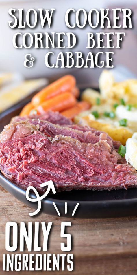 Slow Cooker Corned Beef and Potatoes is the perfect dinner for celebrating Saint Patrick’s Day with a classic recipe. You slow cook corned beef, potatoes, carrots, and cabbage in your crockpot to create a tender and flavorful meal. With only five ingredients, this will be in regular dinner rotation! | www.persnicketyplates.com Corned Beef And Potatoes, Slow Cook Corned Beef, Corned Beef Recipes Crock Pot, Cabbage Slow Cooker, Crockpot Cabbage Recipes, Corned Beef Recipes Slow Cooker, Crock Pot Corned Beef, Boiled Dinner, Slow Cooker Corned Beef