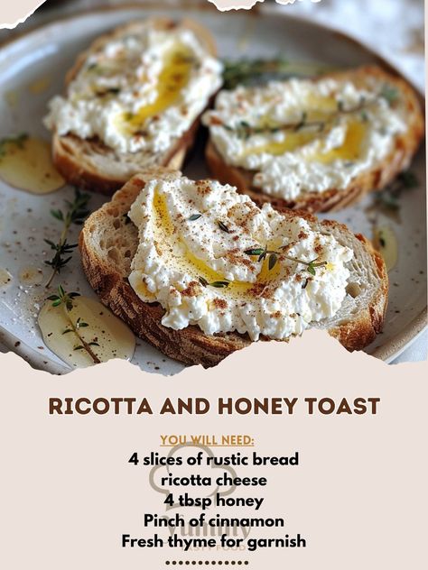 🍞 Start your morning with a sweet twist! Try our Ricotta and Honey Toast! Simple and delicious. #SweetMorning 🍽️ Ricotta and Honey Toast 🛒 Ingredients: 4 slices of rustic bread 200g ricotta cheese 4 tbsp honey Pinch of cinnamon Fresh thyme for garnish 👩‍🍳 Instructions: Toast: Lightly toast bread slices. Top: Spread ricotta evenly on each slice. Drizzle: Honey over ricotta and sprinkle cinnamon. Garnish: Add thyme before serving. 🌟 Indulge in the creamy texture of ricotta with the sweet no... Ricotta Breakfast Toast, Ricotta On Toast, Brunch Tapas, Ricotta Bread, Ricotta And Honey, Honey Ricotta, Ricotta Cheese Recipes, Ricotta Toast, Honey Toast