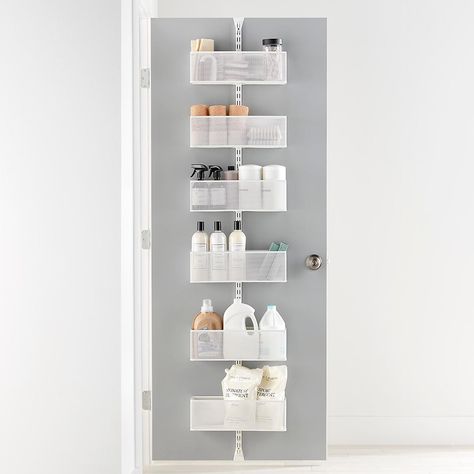 Elfa Utility Large Mesh Over the Door Rack | The Container Store Behind Door Organizer, Door Mounted Storage, Veterinary Storage Solutions, Elfa Door Organizer, Elfa Over Door Storage, The Container Store Ideas, Behind Door Storage Ideas, Back Of Door Storage Ideas, Memphis Bathroom