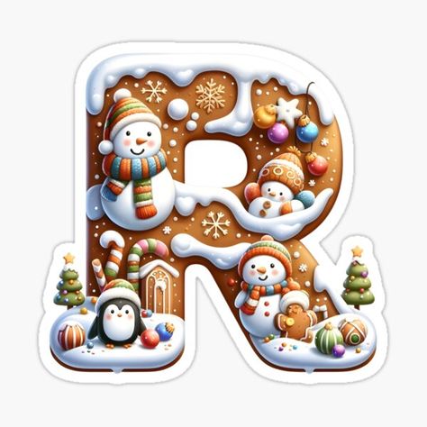 This image depicts a winter-themed letter "R" adorned with snowmen, a penguin, and Christmas ornaments, ideal for seasonal educational content and festive decorations. Christmas Alphabet Letters, R Sticker, Xmas Stickers, Nanak Jayanti, Christmas Fonts Free, Xmas Sticker, Christmas Letter, Christmas Alphabet, Educational Content