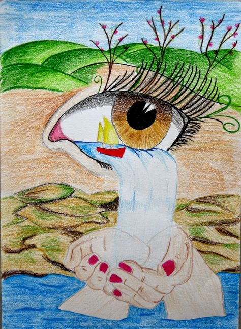 Surreal Art Drawing, Surrealism Art Projects, Surrealism Drawing, Contrast Art, Art History Lessons, Dali Paintings, High School Art Projects, Eyeball Art, Hippie Painting