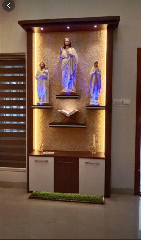 Roopakoodu Christian Home, Catholic Altar Home Ideas, Christian Prayer Room Design, Wall Altar Ideas Catholic, Christian Room, Christian Room Decor, Wall Drawing Ideas, Altar Catholic, Home Altar Catholic