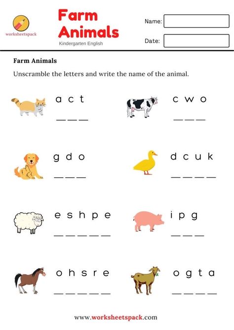 Name The Animals Worksheet, Farm Animals Worksheets For Grade 1, English Animals Worksheet, Worksheet Animals For Kids, Worksheet English For Kindergarten, English For Kindergarten Worksheets, Animal Worksheets Kindergarten, Unscramble Words Worksheets, Animals Worksheet For Grade 1