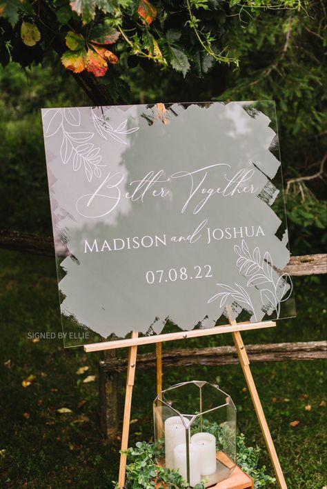 Sage green acrylic wedding entrance sign for a fall wedding. Wedding Inspo Sage Green, Sage Green Arch Wedding, Sage Colored Wedding, Sage Green And White Rustic Wedding, Sage Outdoor Wedding, Sage Green Backyard Wedding, Sage Green Ceremony Decor, Fall Wedding Ideas Sage Green, Wedding Colors With Sage Green