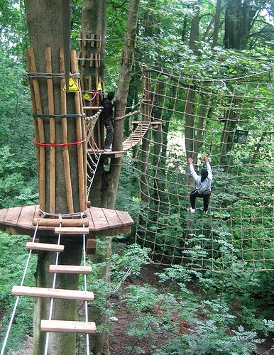 ANNIVERSARY: Do a ropes course/ ziplining ! Eat at mideval times if close by. If not maybe stay at a hotel and explore Backyard Obstacle Course, High Ropes Course, Rope Bridge, Backyard Adventure, Ropes Course, Tree House Designs, Natural Playground, Indoor Design, Playground Design